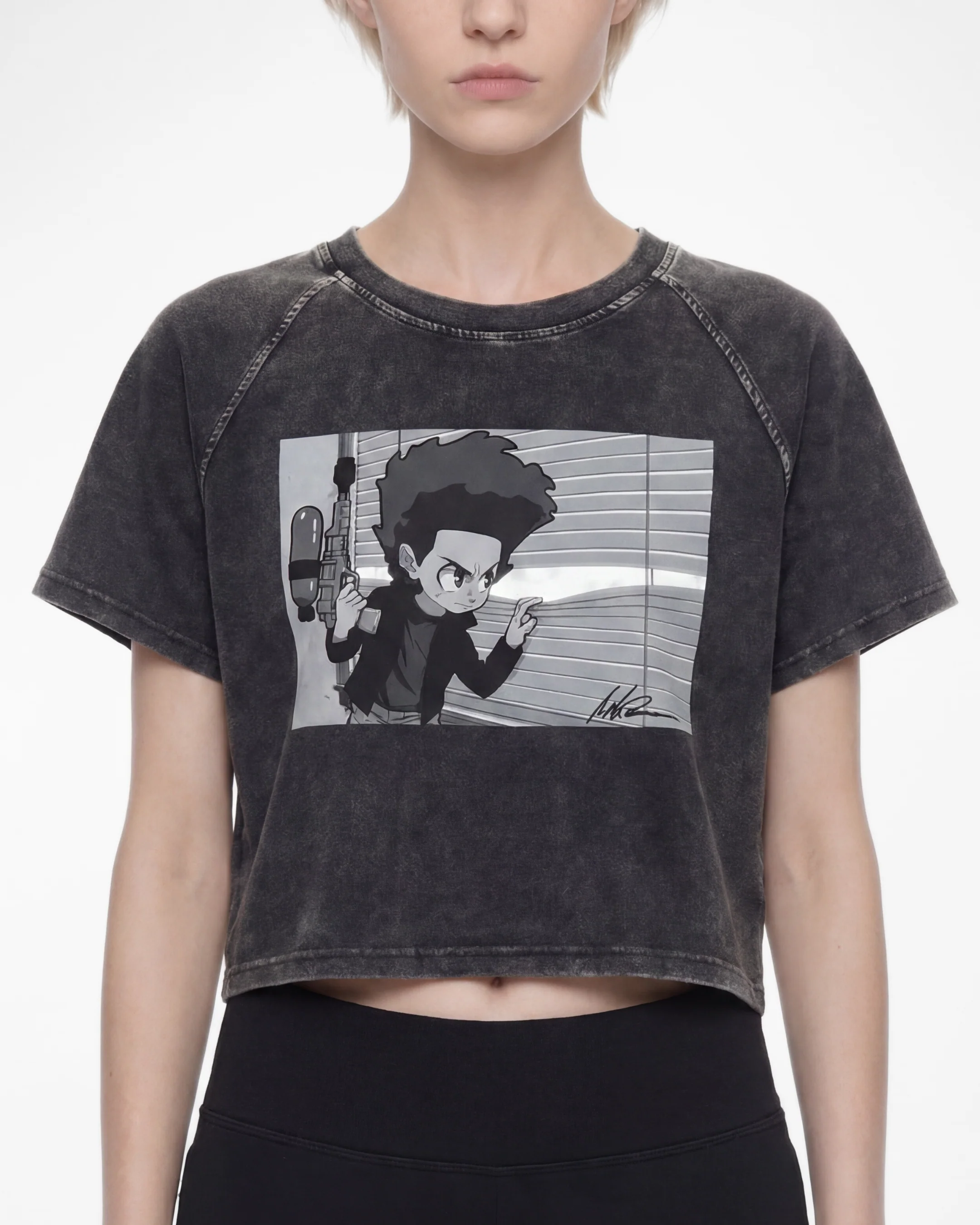 The Boondocks Huey On Watch Black Acid Wash Crop T-Shirt