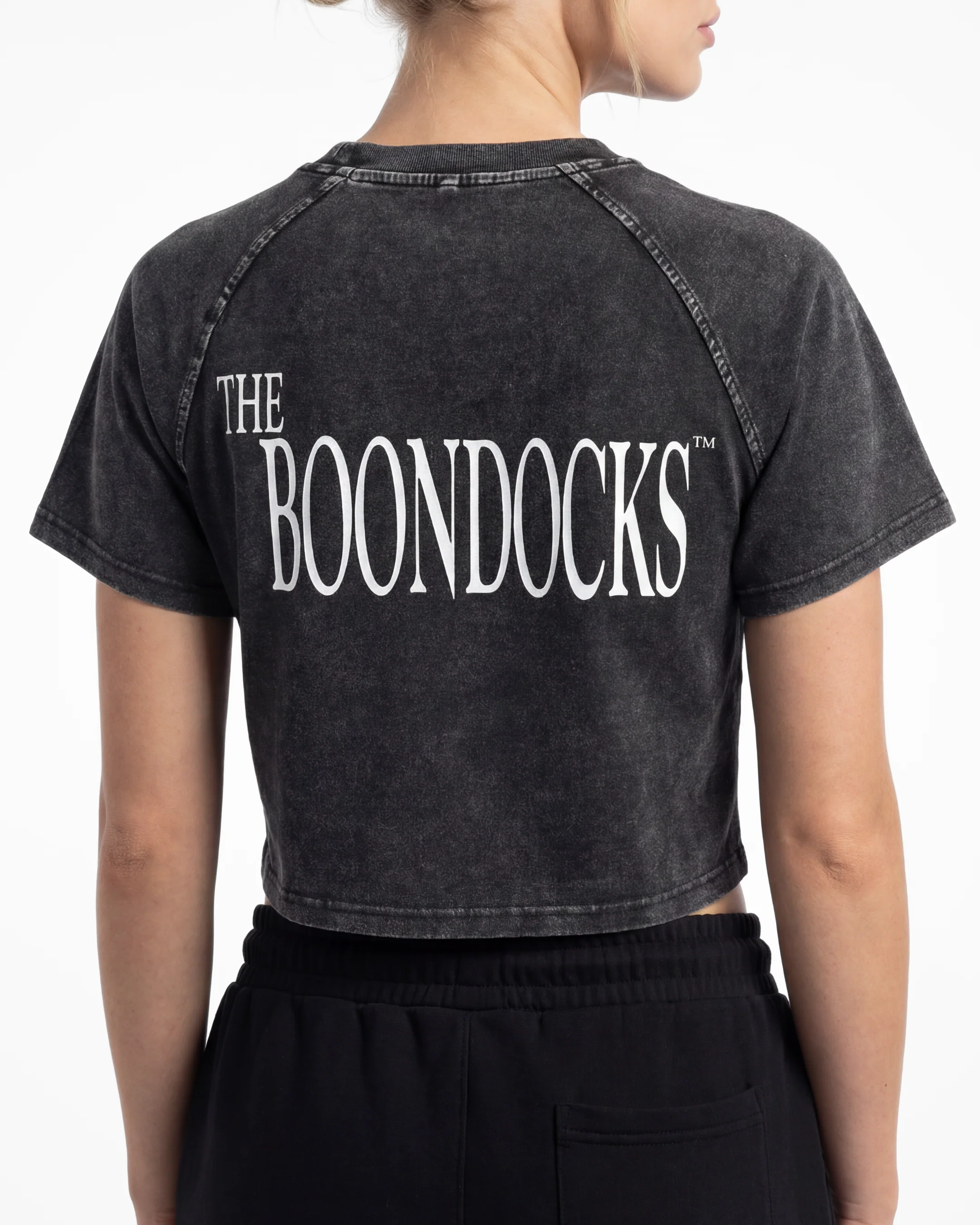 The Boondocks Huey On Watch Black Acid Wash Crop T-Shirt - Image 2