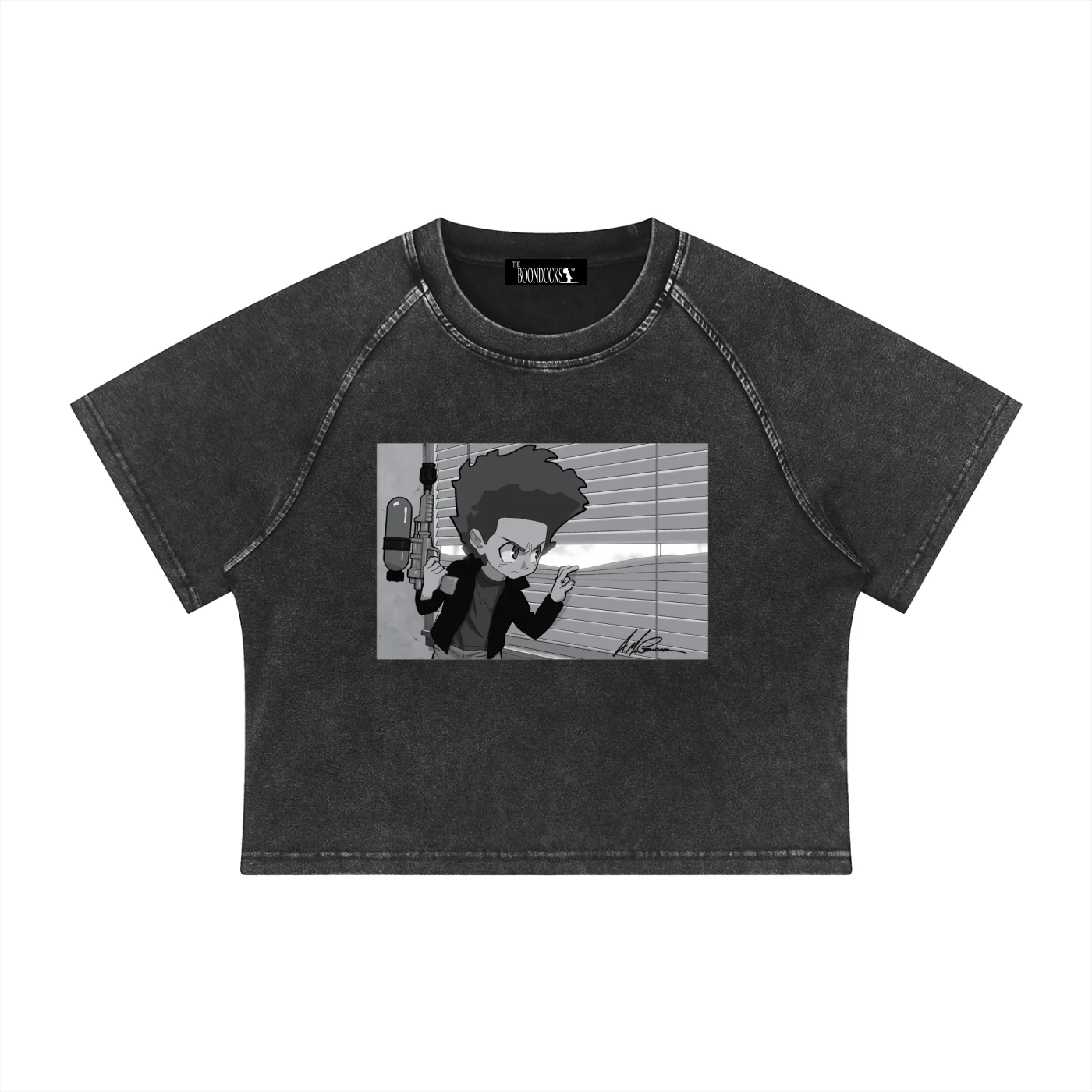 The Boondocks Huey On Watch Black Acid Wash Crop T-Shirt - Image 3