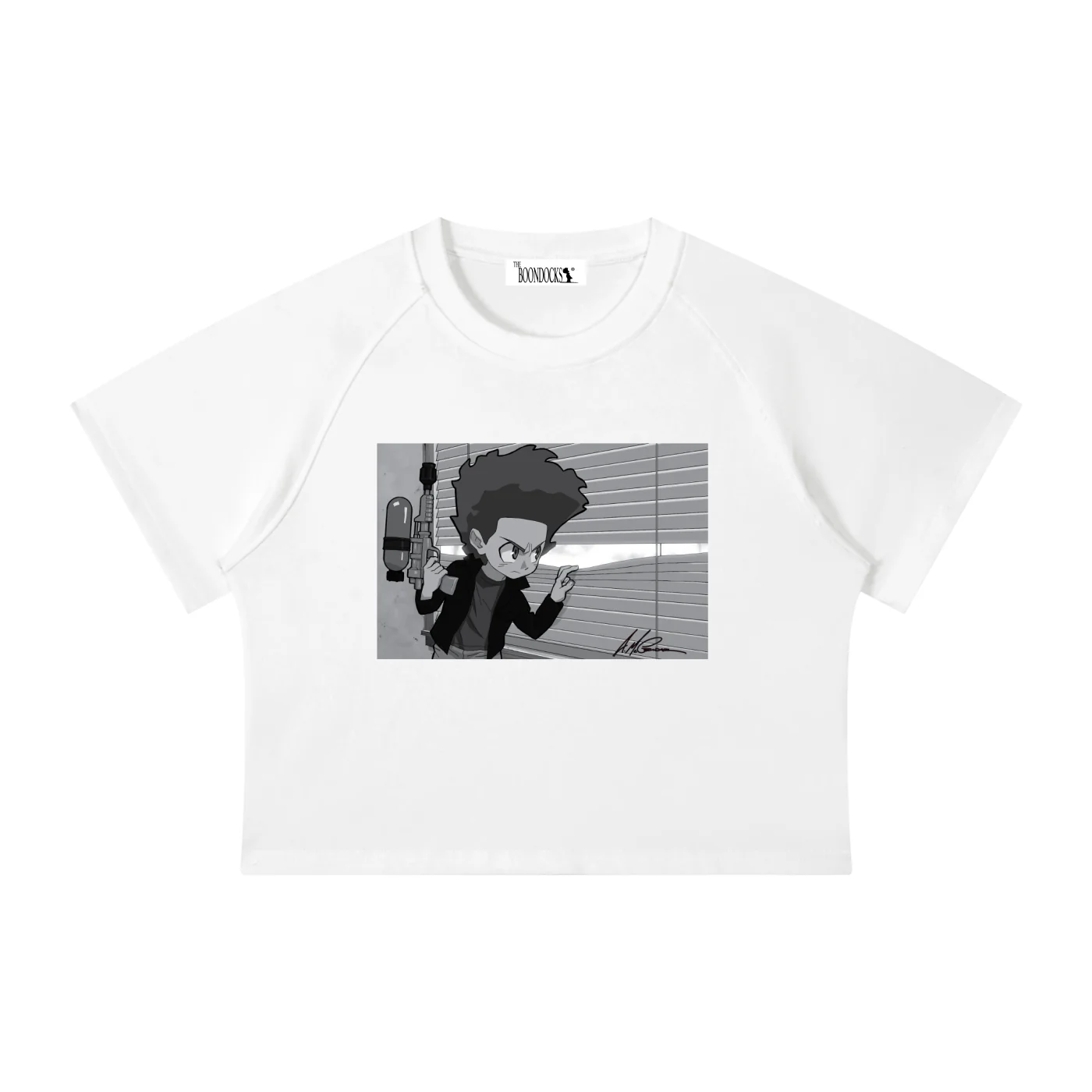 The Boondocks Huey On Watch White Acid Wash Crop T-Shirt - Image 3