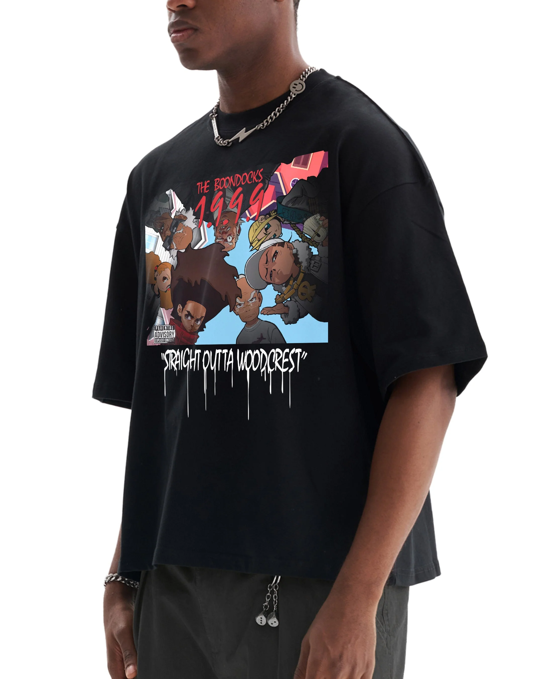 The Boondocks Straight Outta Woodcrest Cropped Black T-Shirt - Image 4